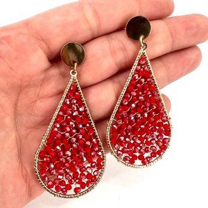 Beaded Teardrop Dangle Earrings Gold Red NWT